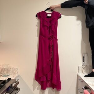 Charles Henry Magenta Ruffle High-Low Wrap Dress